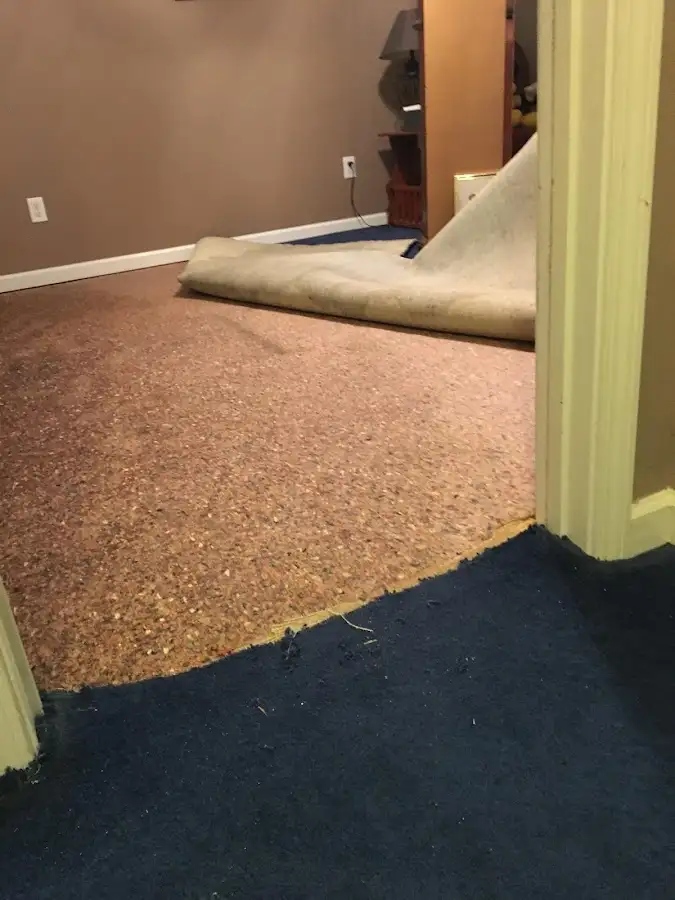 Carpet pad removal revealing water damage during Water Mitigation Services in Charlestown
